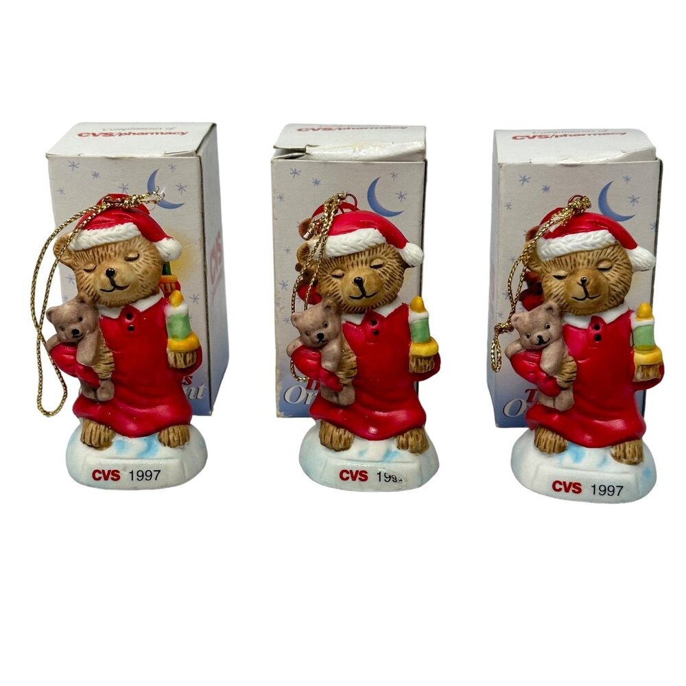 CVS 1997 Traditions Ornament Teddy Bear In Santa Suit Holding Candle & Toy